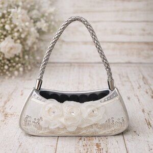 White rose silver sequins handbag ring holder purse new in box Handmade